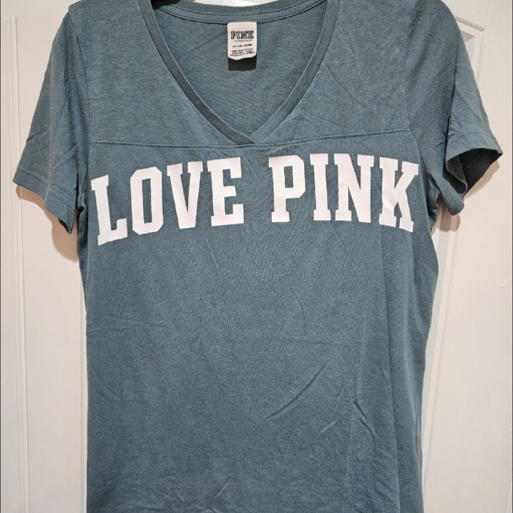 Victoria's Secret PINK V-Neck Logo T-Shirt Tee | Teal Green | Women's Small (S)